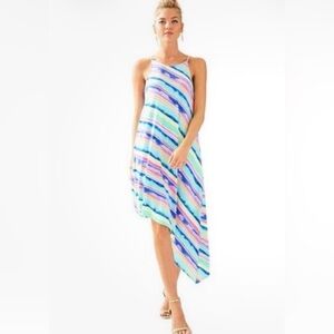 Lilly Pulitzer Magnolia Midi Dress Asymmetric Hem Pink Blue Ceviche Stripe Large